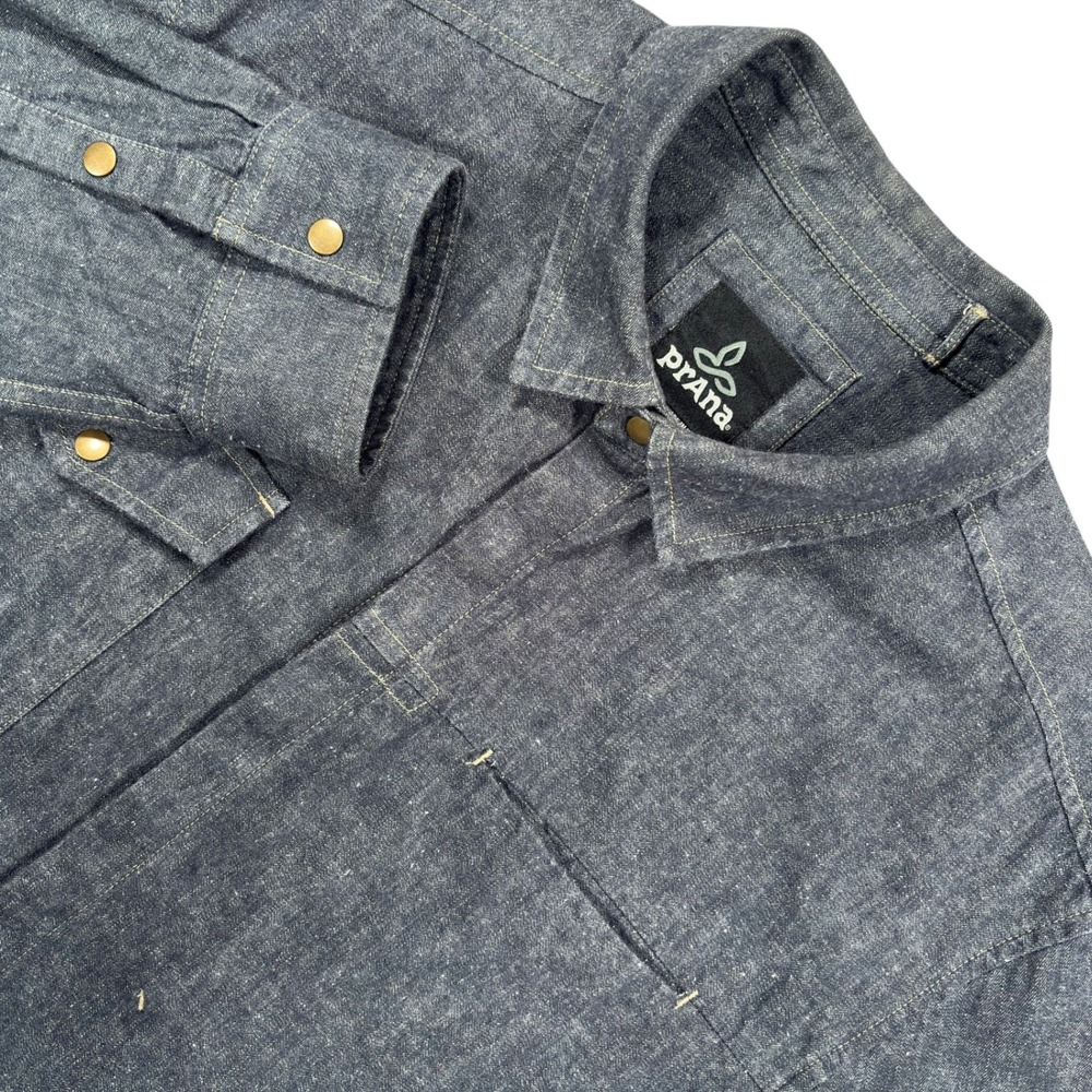 PrAna Lenny Snap Front Shirt Mens L Blue Gray Hemp Organic Cotton Chambray Blend